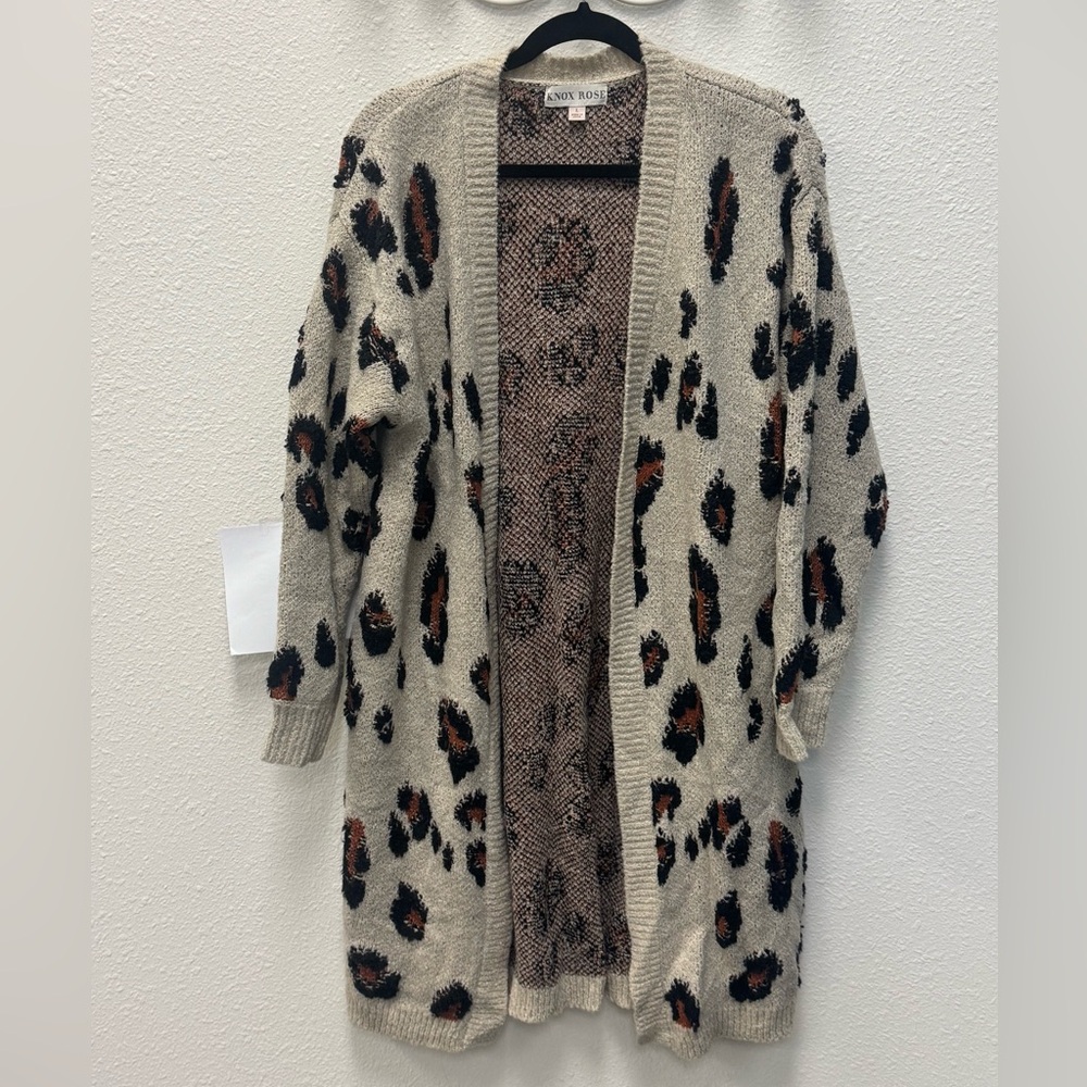 Knox Rose Womens Cream Brown Knit Ribbed Trim Long Line Cardigan Sweater